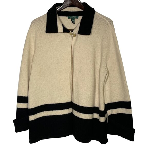 Lauren Ralph Lauren Lambswool Toggle Close Cardigan Sweater Cream Black Sz XL - Picture 1 of 8